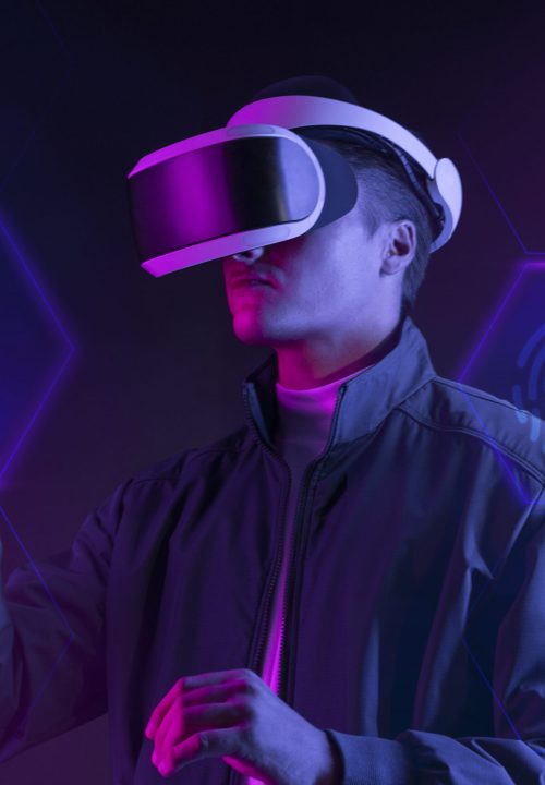 Man wearing smart glasses touching a virtual screen futuristic technology digital remix